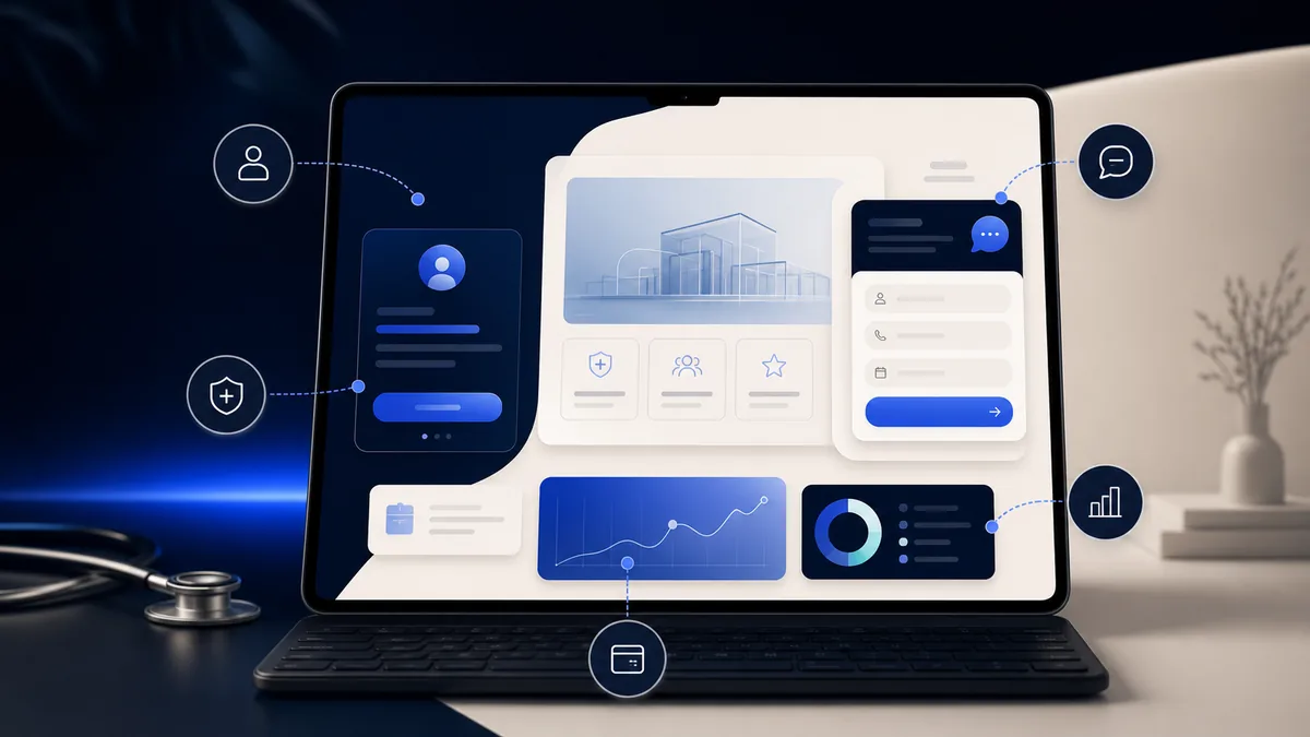 Mockup de una landing page médica con módulos de confianza, contacto y medición